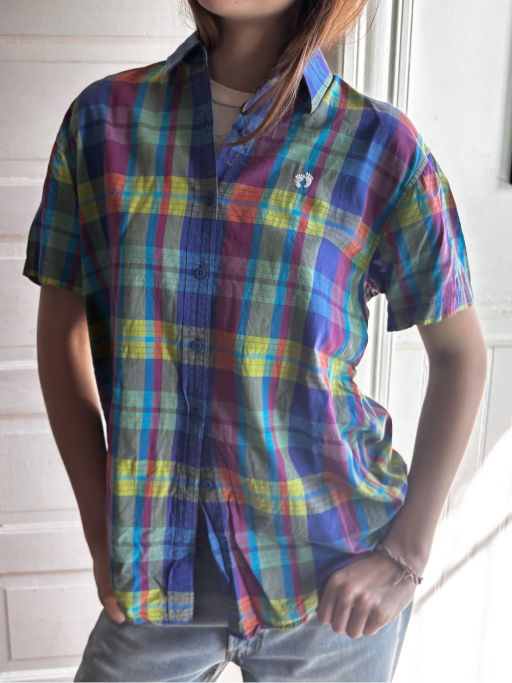 Vintage Hang Ten Madras Plaid 
button down Shirt 
M